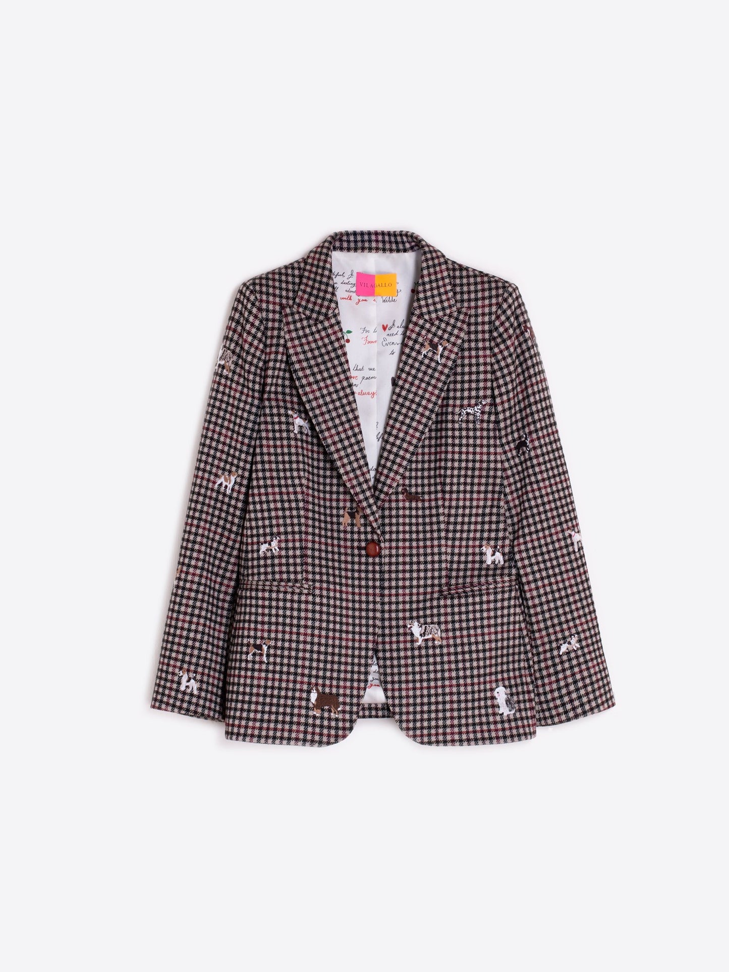 Dog Embroidered Houndstooth Print Blazer