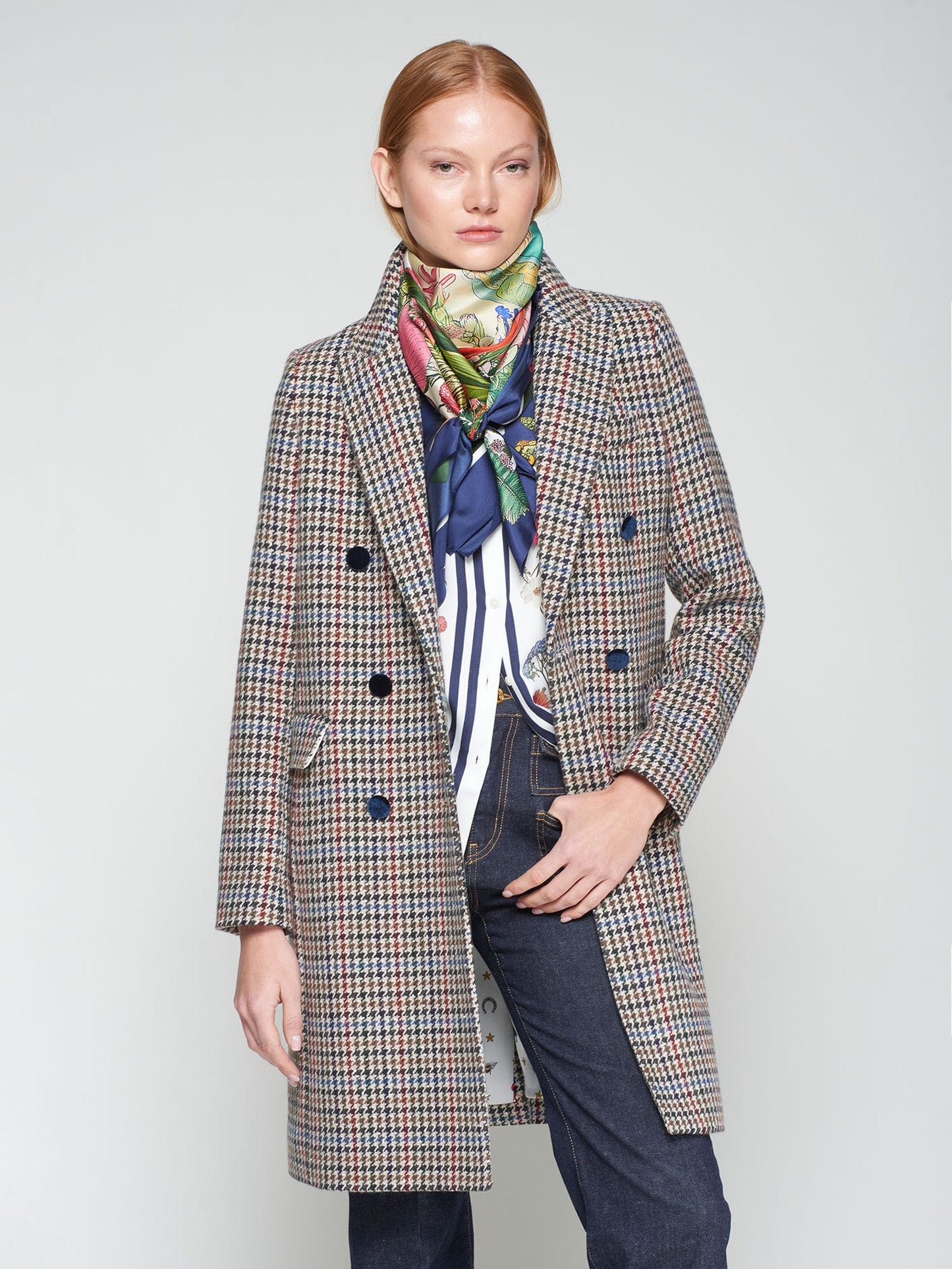 Houndstooth Wool Coat W/ Velvet Collar