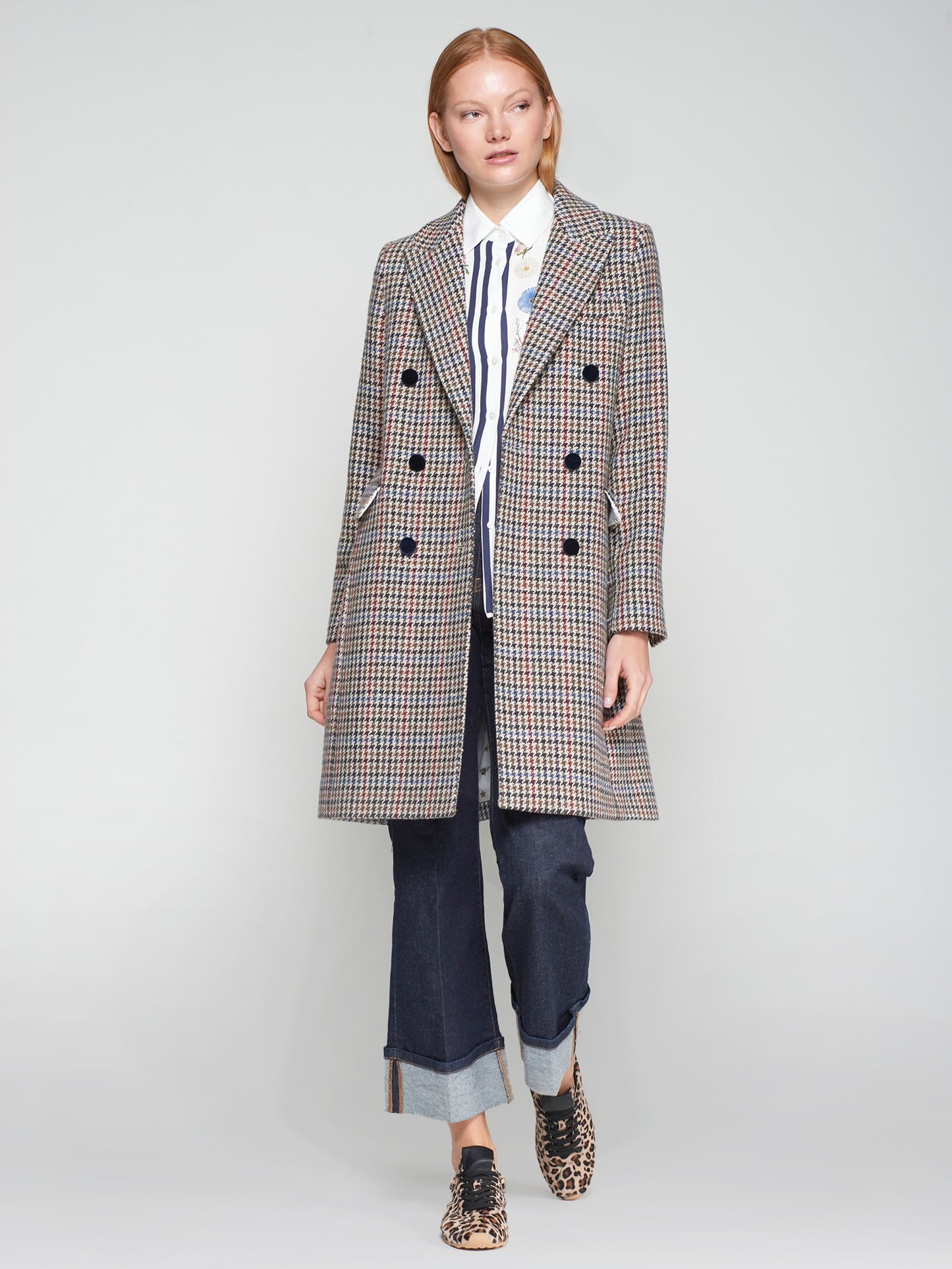 Houndstooth Wool Coat W/ Velvet Collar
