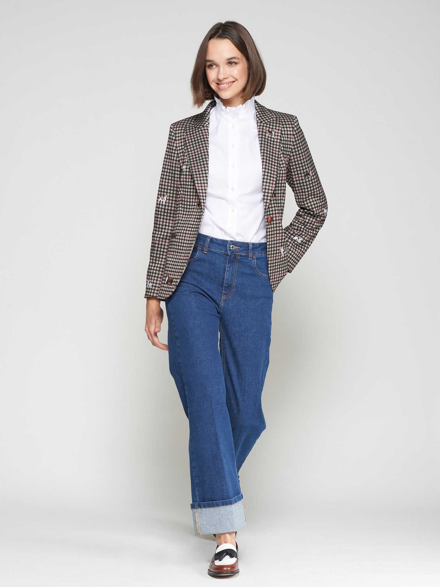 Dog Embroidered Houndstooth Print Blazer