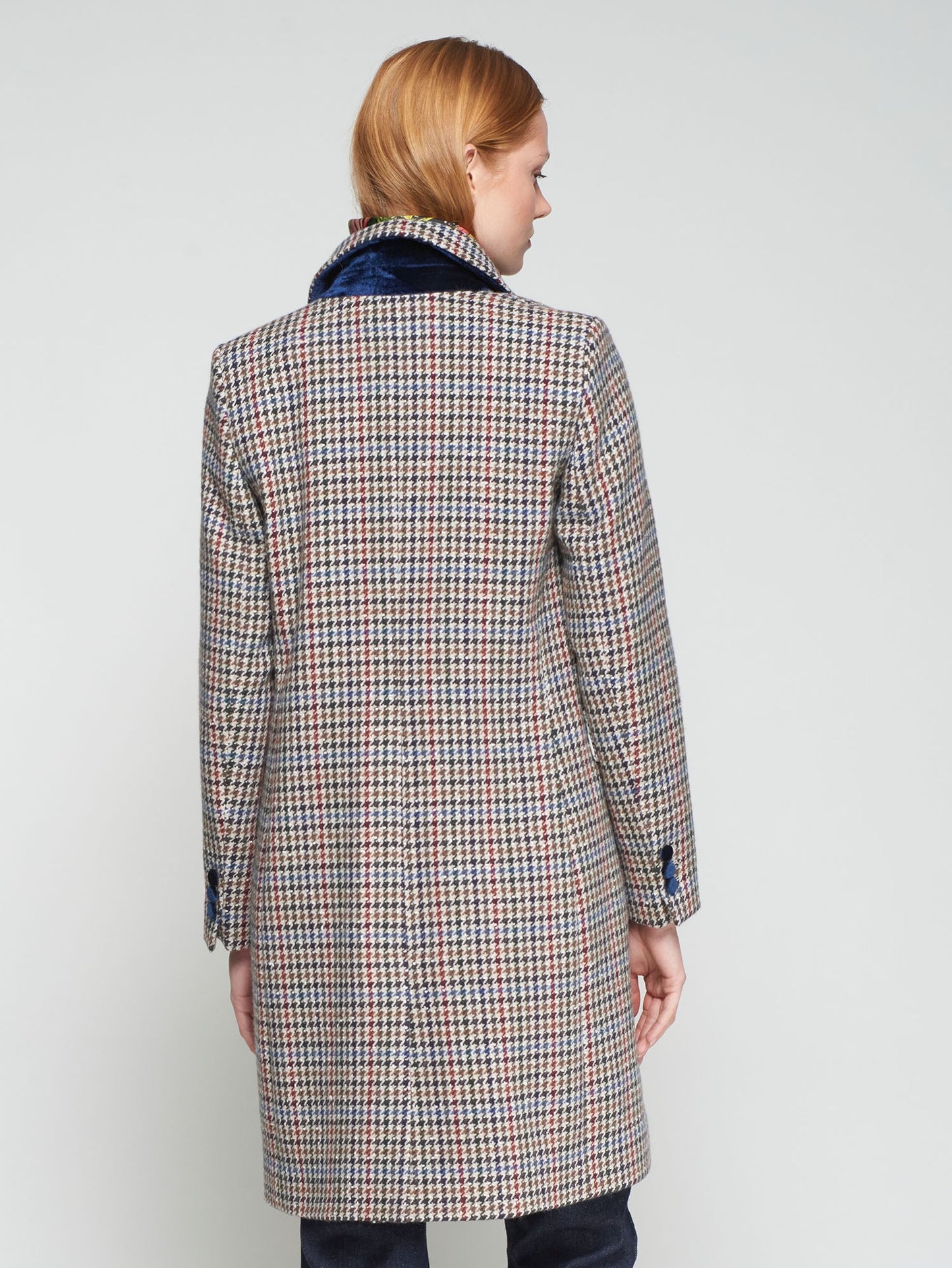 Houndstooth Wool Coat W/ Velvet Collar