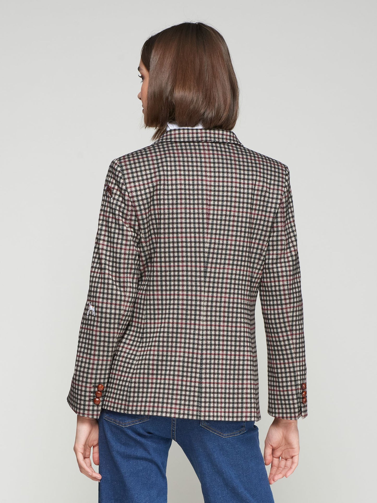 Dog Embroidered Houndstooth Print Blazer