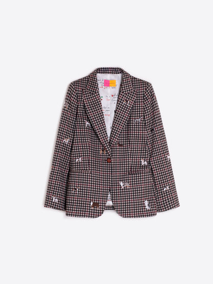 Dog Embroidered Houndstooth Print Blazer